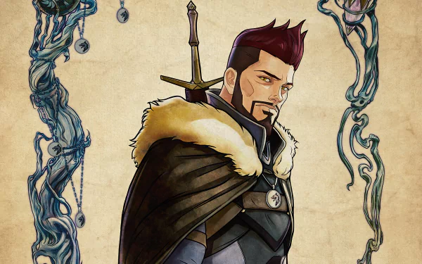 HD PC desktop wallpaper featuring a stylized character from the movie The Witcher: Nightmare of the Wolf, framed by intricate blue designs on a parchment background.