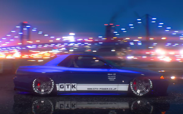 4K Ultra HD PC desktop wallpaper featuring a sleek car from Grand Theft Auto V against a vibrant cityscape with illuminated bridges at night.