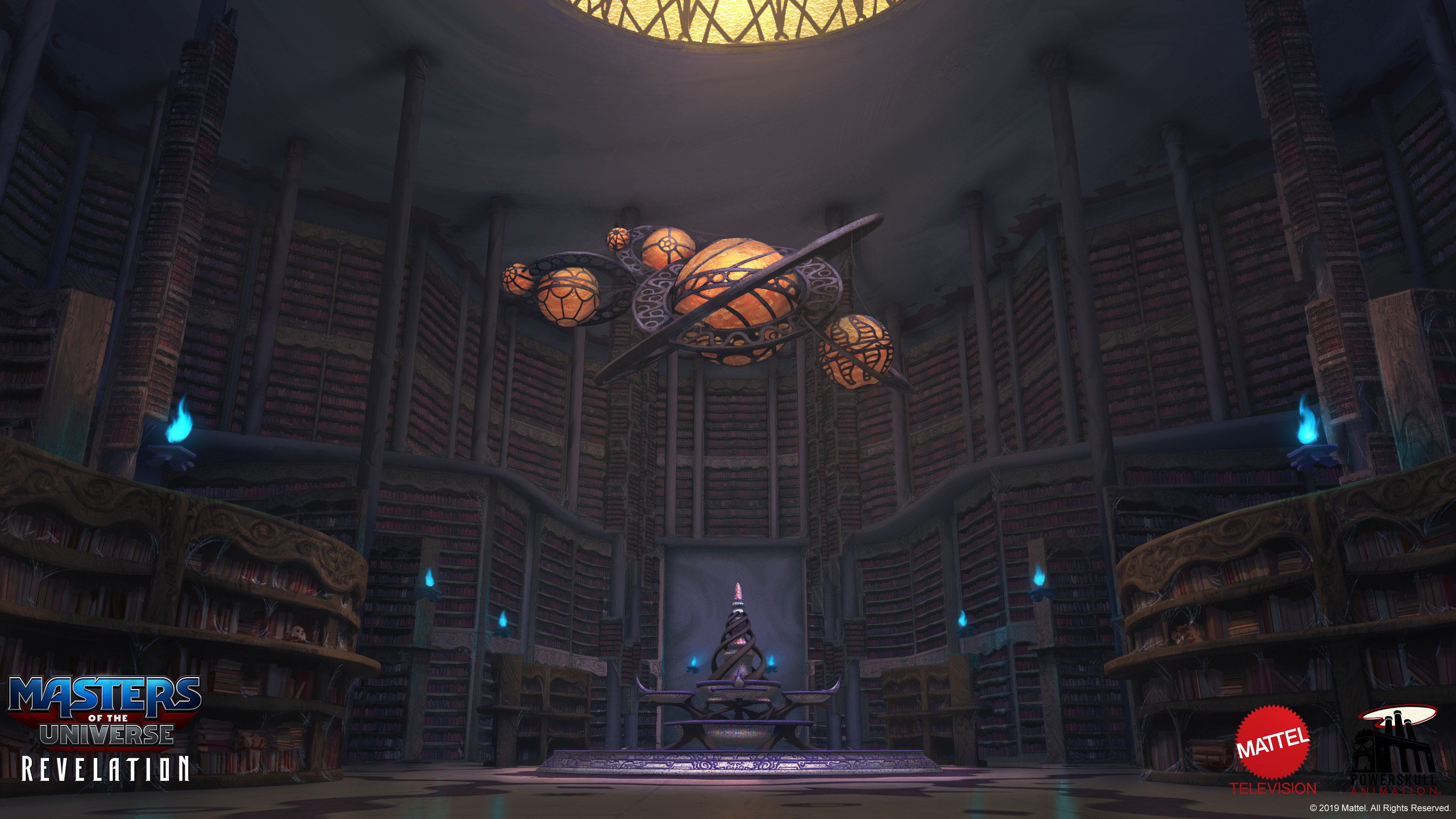 Masters of the Universe: Revelation HD wallpaper featuring a grand library interior with magical elements and ambient lighting, perfect for desktop background.
