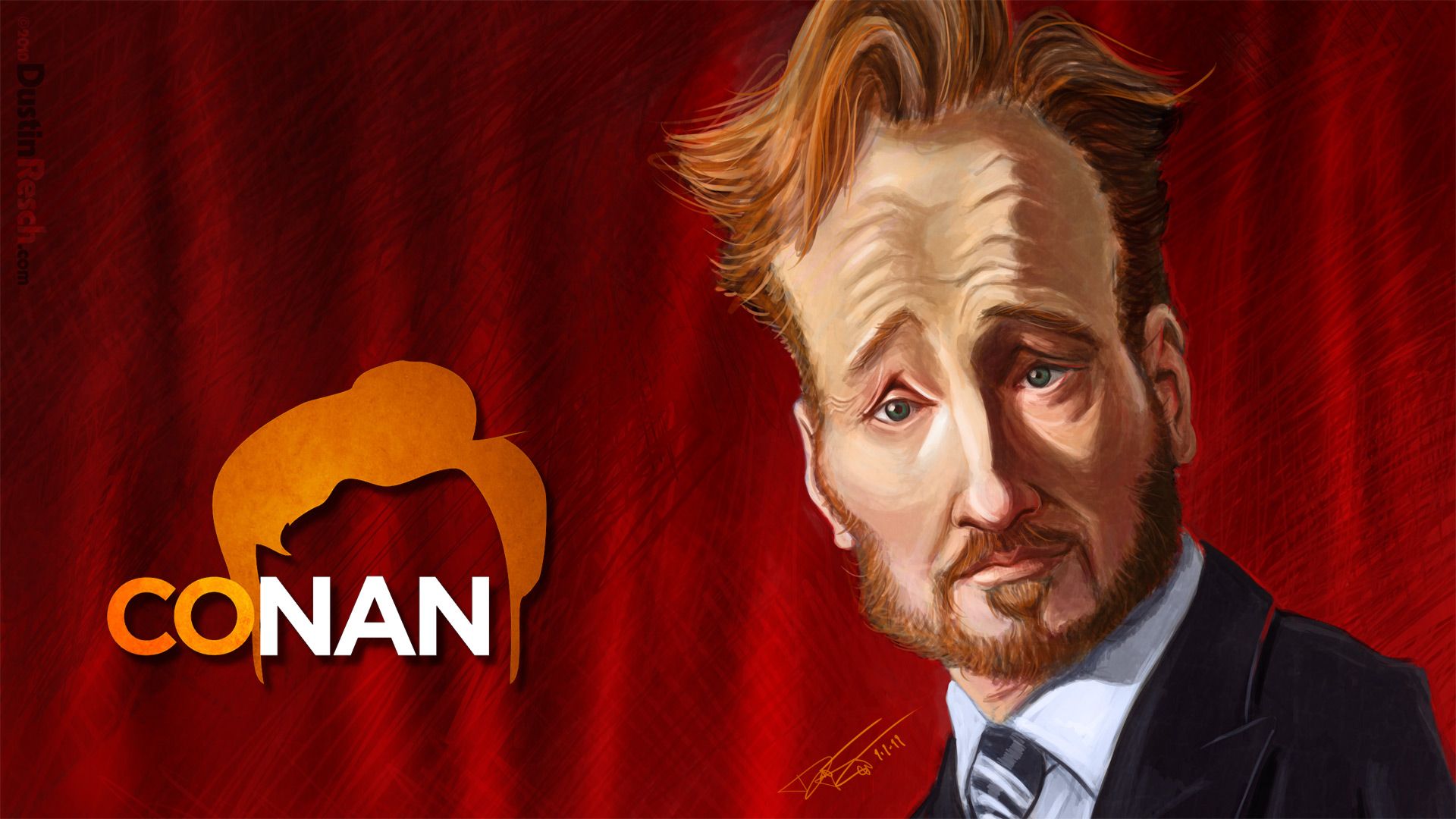 HD desktop wallpaper featuring an illustrated artwork of a man with recognizable hairstyle on a red background with CONAN logo.