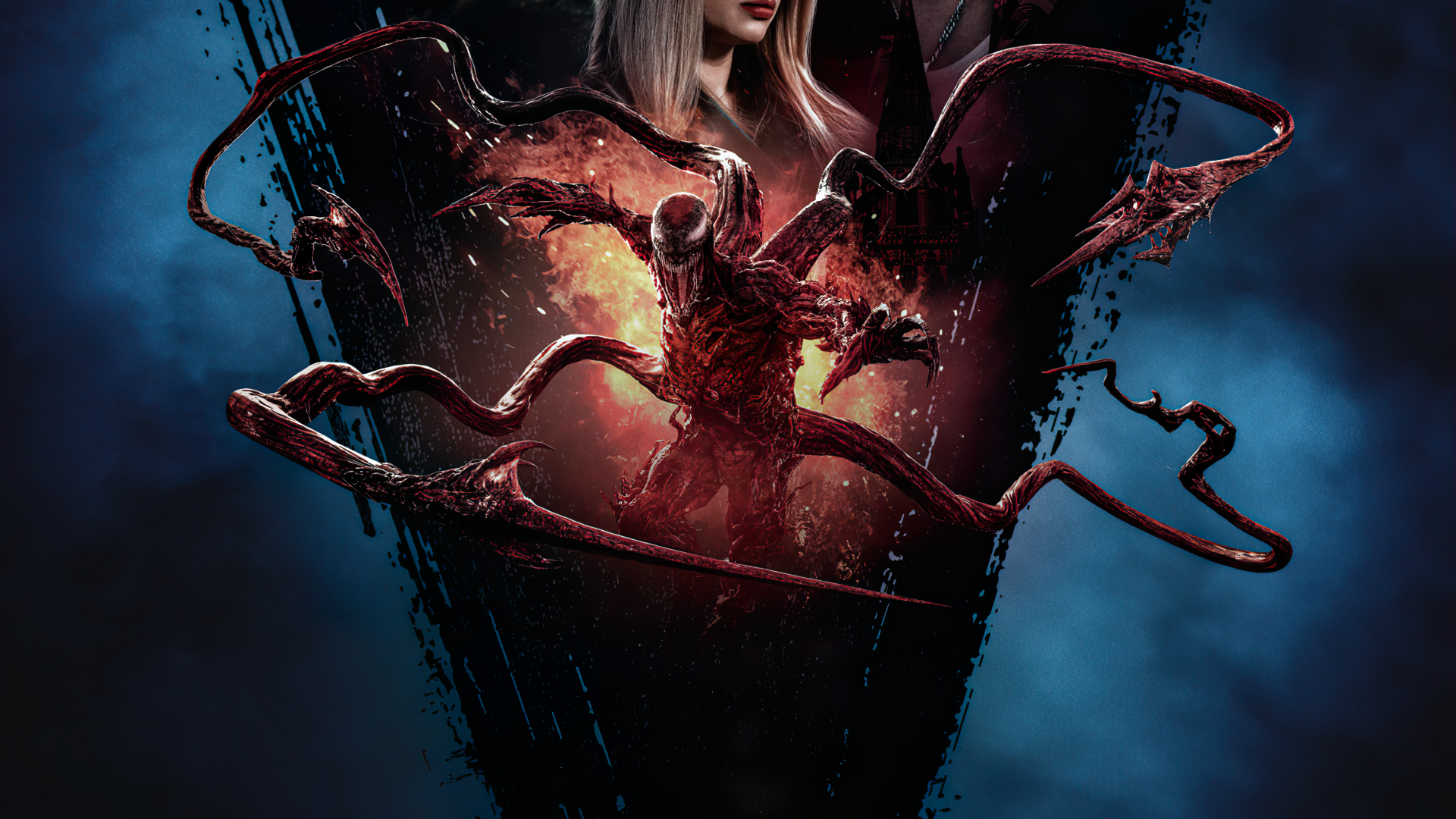 4K Ultra HD desktop wallpaper featuring Carnage from Marvel Comics in the movie Venom: Let There Be Carnage with dark, intense symbiote tendrils surrounding a figure.