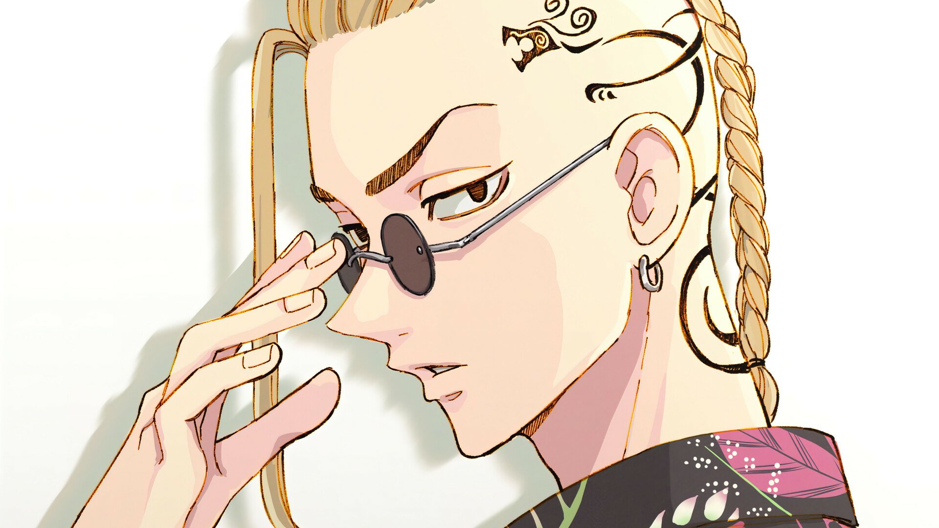 HD anime desktop wallpaper featuring Ken Ryuguji from Tokyo Revengers, showcasing his distinctive braided hair, sunglasses, and tattooed side profile.