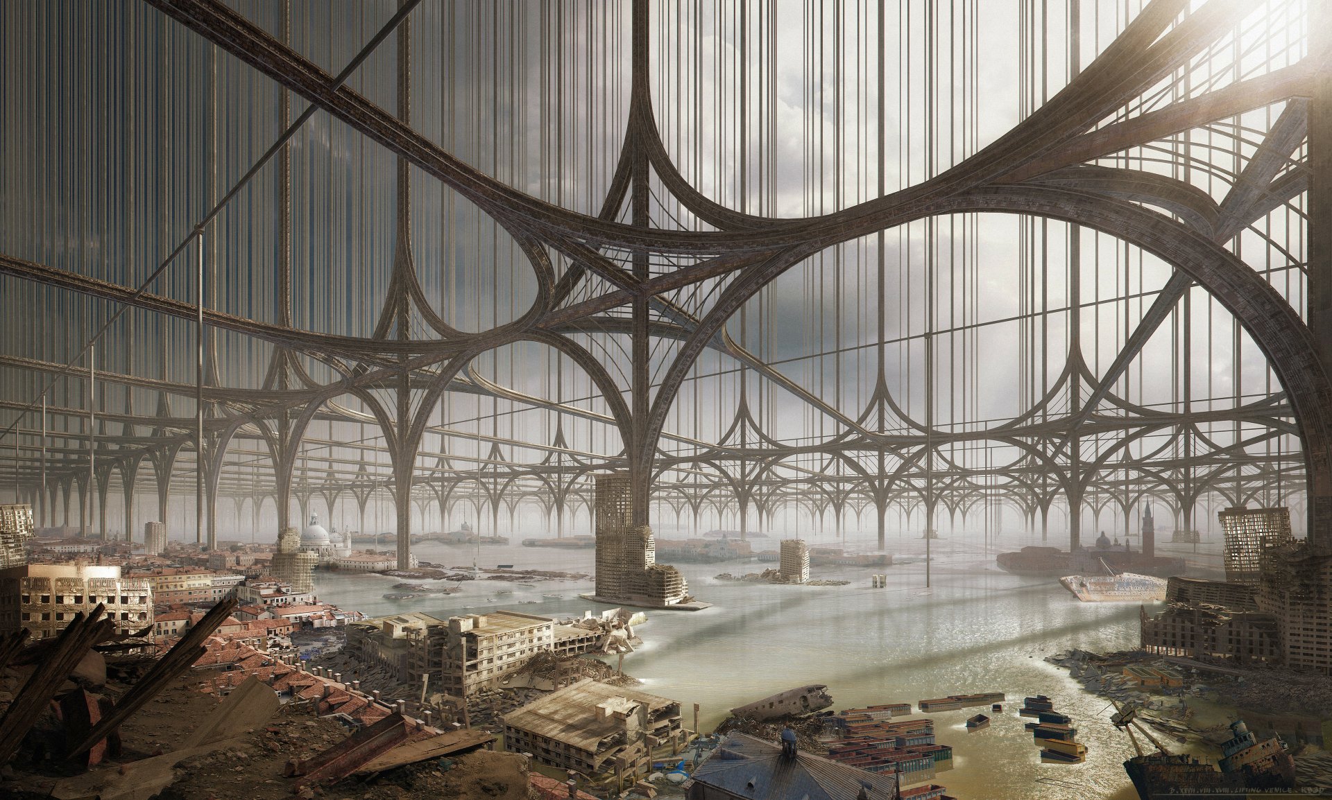 A sprawling post-apocalyptic cityscape under massive, futuristic metal arches with beams of light piercing through, rendered in stunning 4K Ultra HD detail.