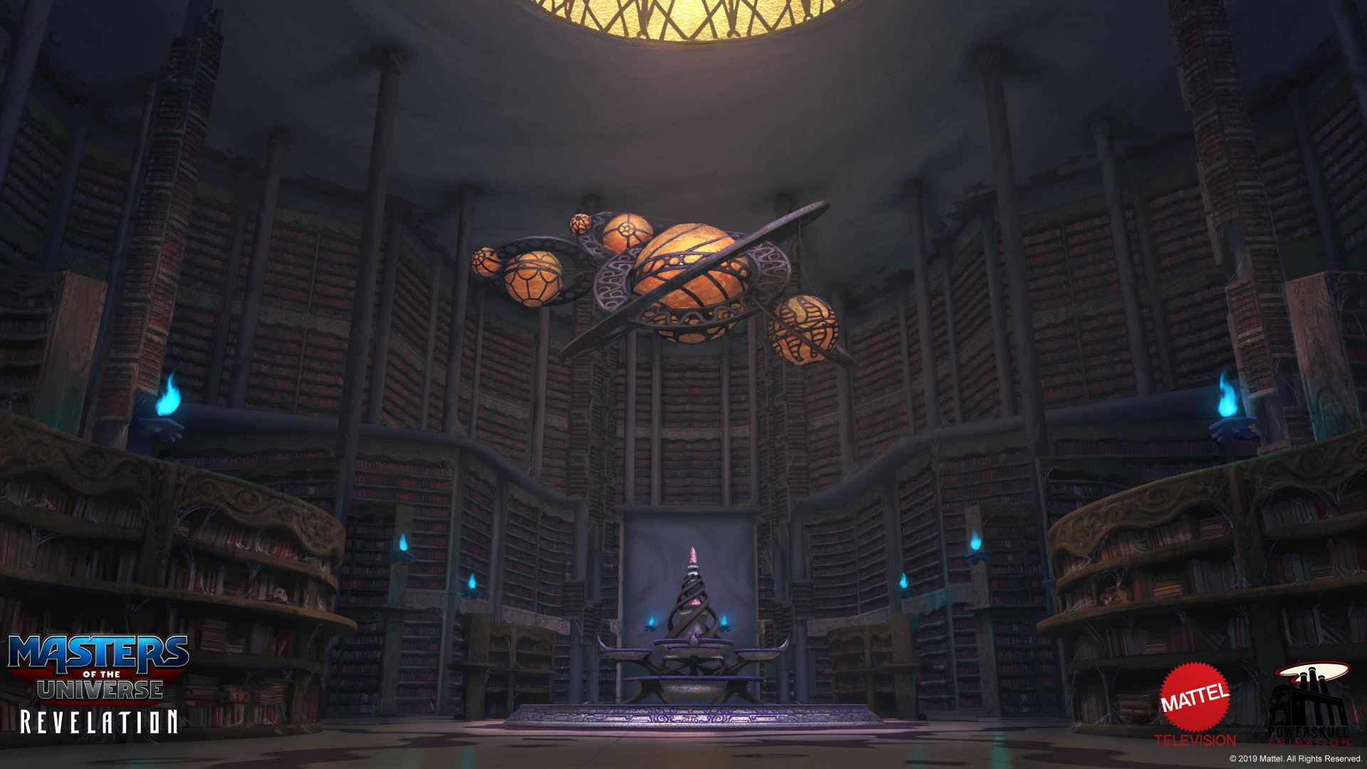 HD desktop wallpaper from the TV show Masters of the Universe: Revelation, featuring a mystical library with floating planets and a central throne.