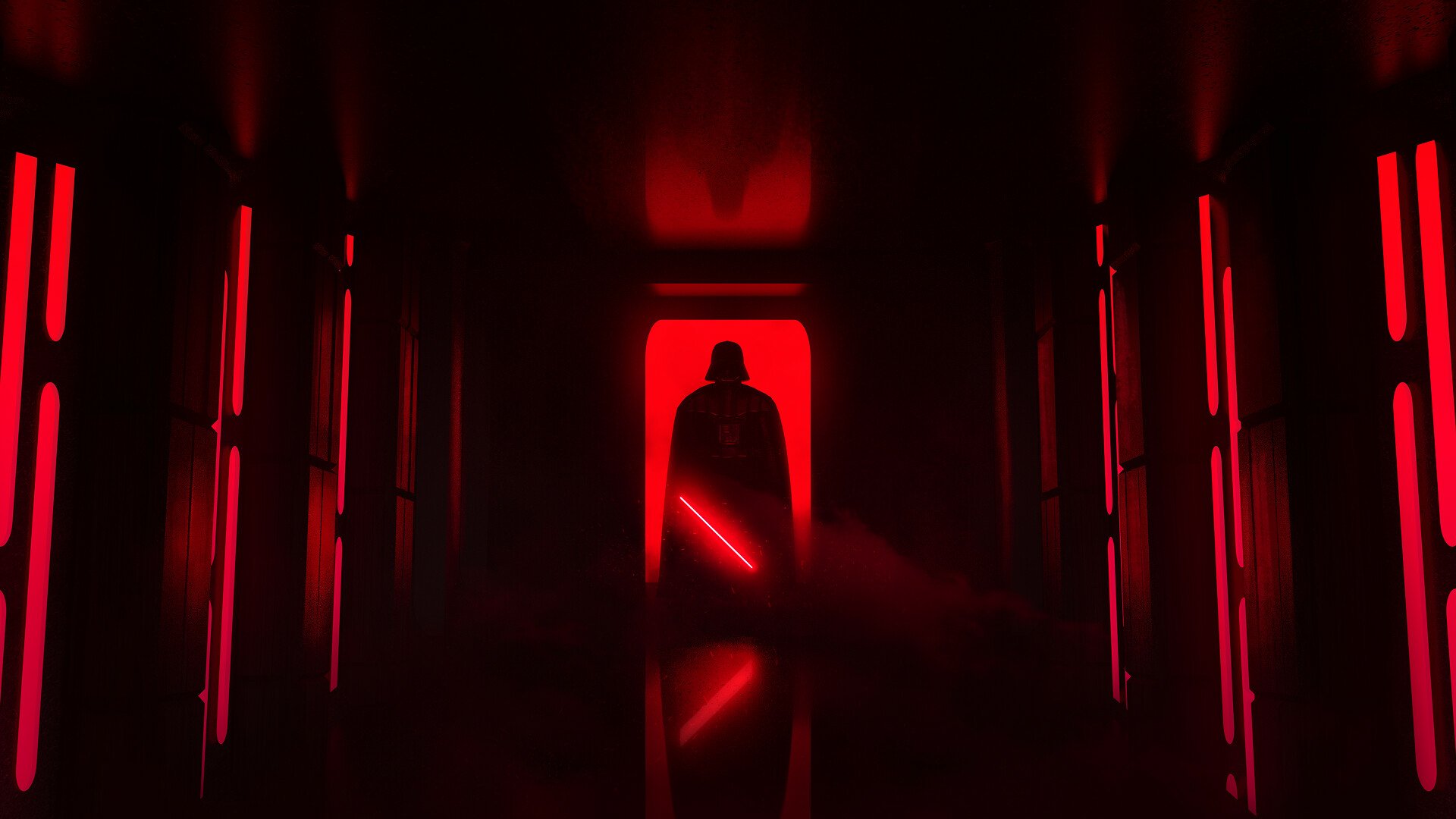 HD PC desktop wallpaper featuring Darth Vader from Star Wars, standing in a dark corridor illuminated by red light with his glowing red lightsaber.
