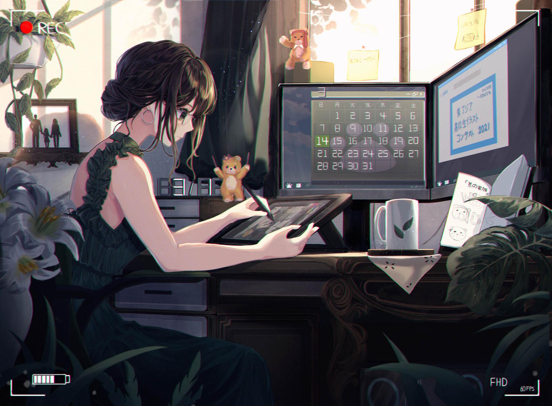 HD anime desktop wallpaper featuring a focused anime girl drawing at a desk surrounded by plants, a calendar, and a cup in a softly lit room.
