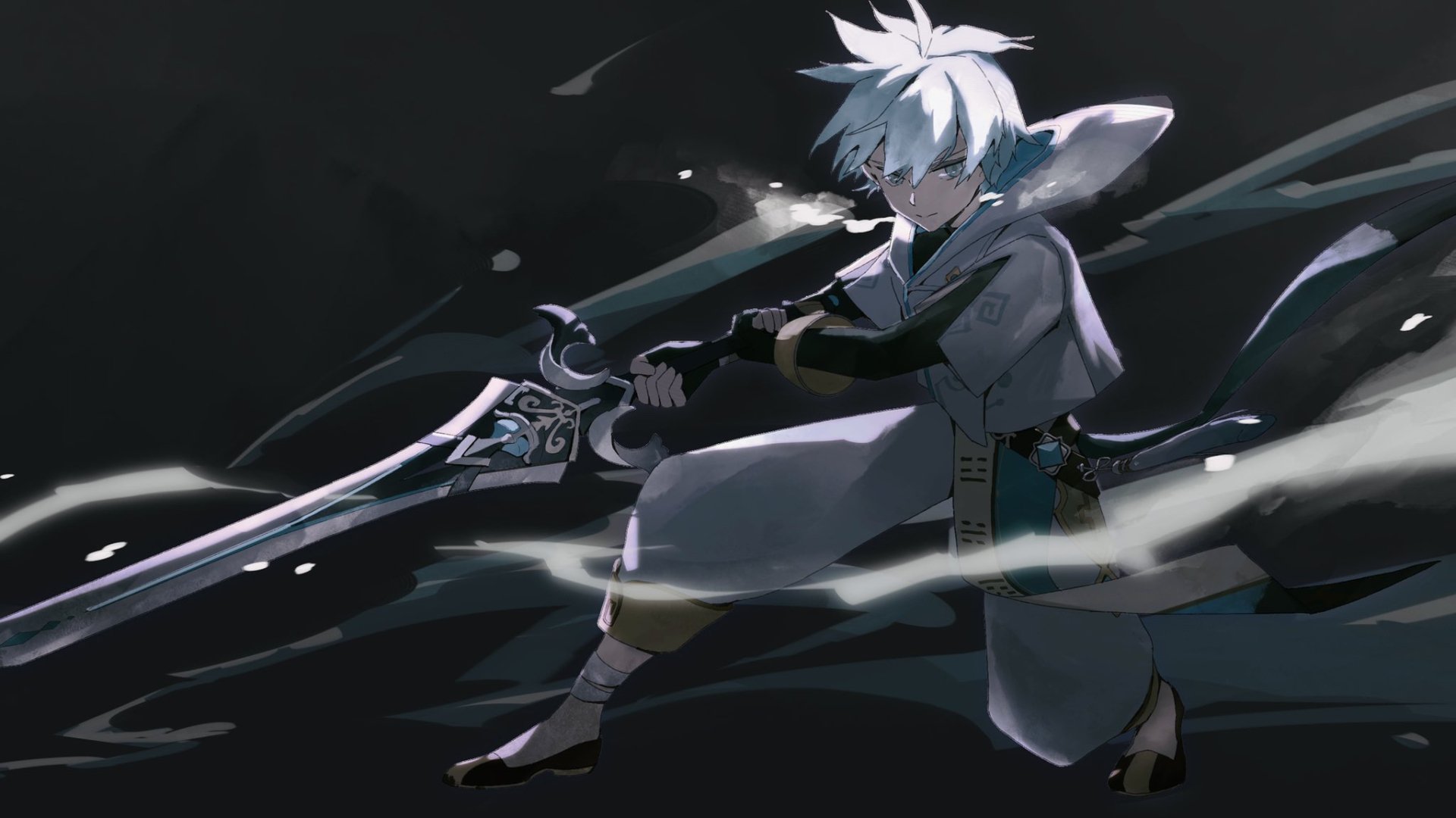 Chongyun from Genshin Impact in dynamic pose holding a large sword, set against a dark background, designed as an HD PC desktop wallpaper from the video game.
