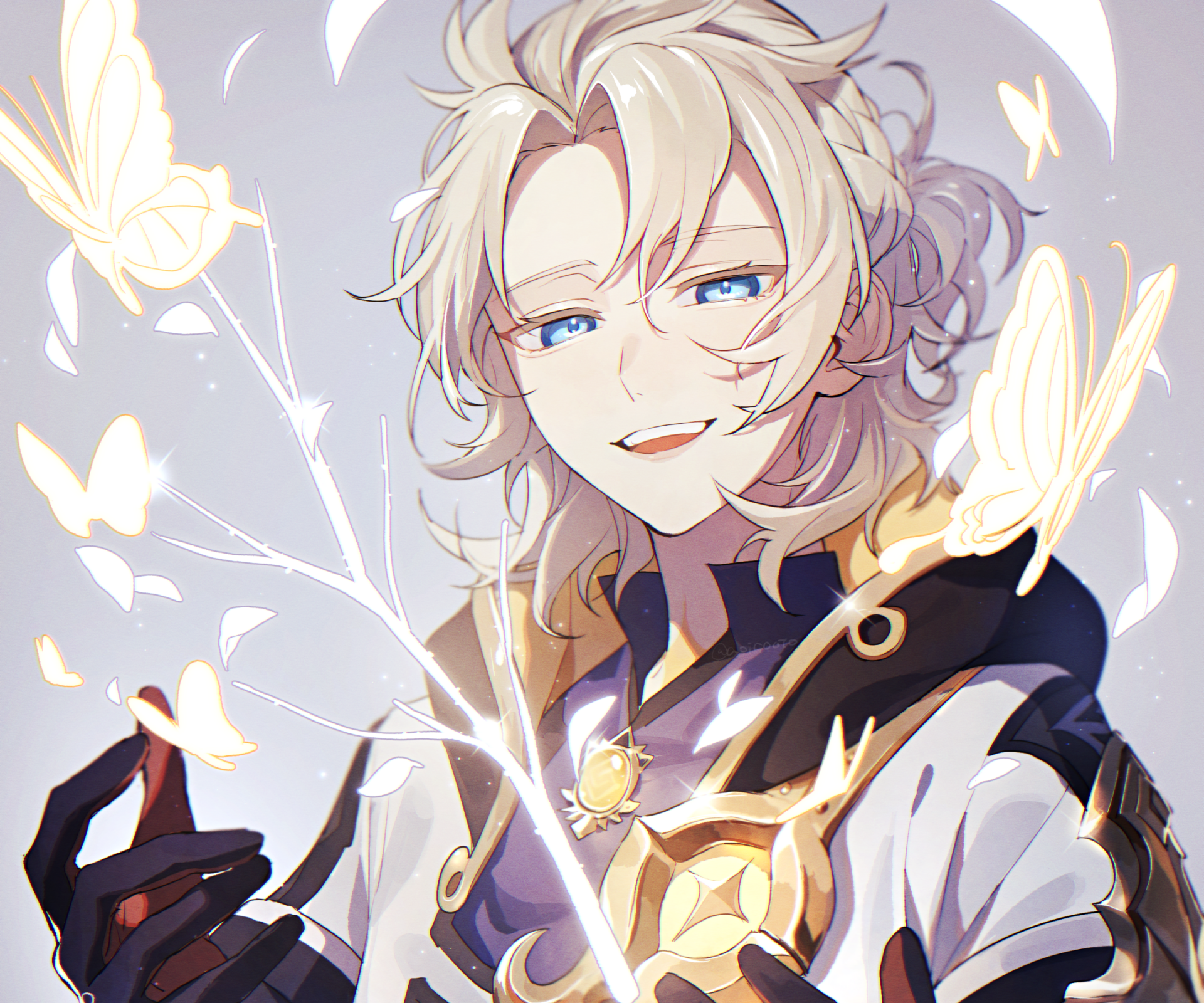 HD PC desktop wallpaper of Albedo from Genshin Impact, featuring the character surrounded by glowing butterflies and soft light effects.