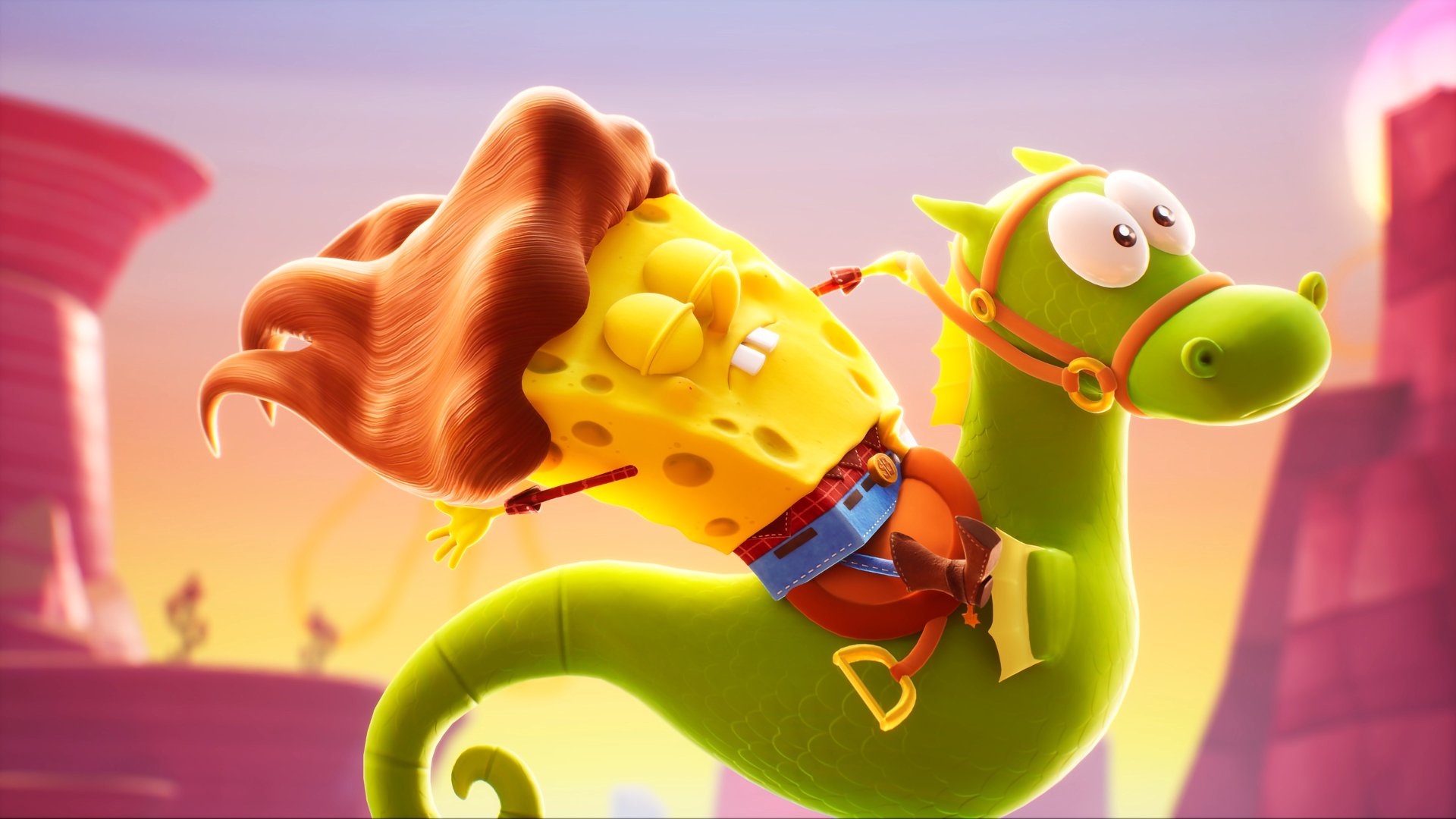 SpongeBob SquarePants from the video game SpongeBob SquarePants: The Cosmic Shake rides a green seahorse through a bright, colorful scene — 4K Ultra HD PC desktop wallpaper background.