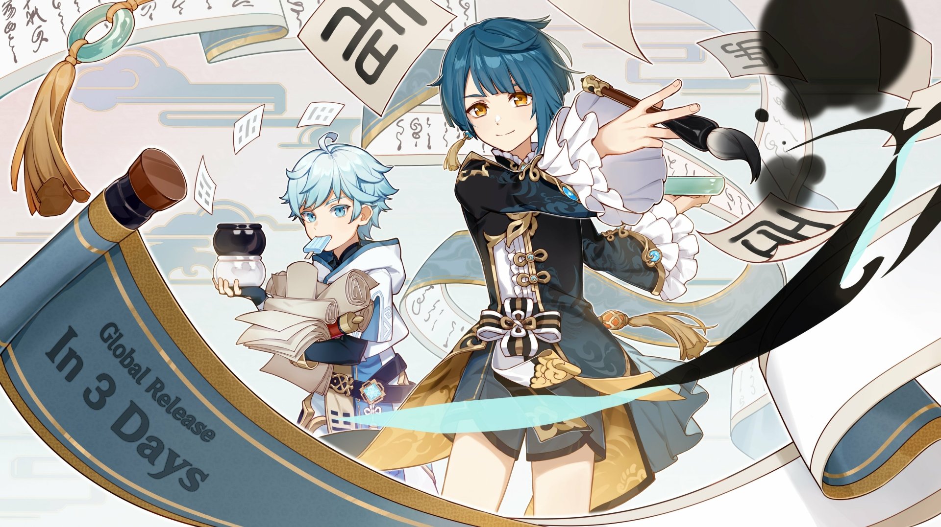 4K Ultra HD PC desktop wallpaper featuring Xingqiu and Chongyun from the video game Genshin Impact in dynamic poses with calligraphy and mystical effects.