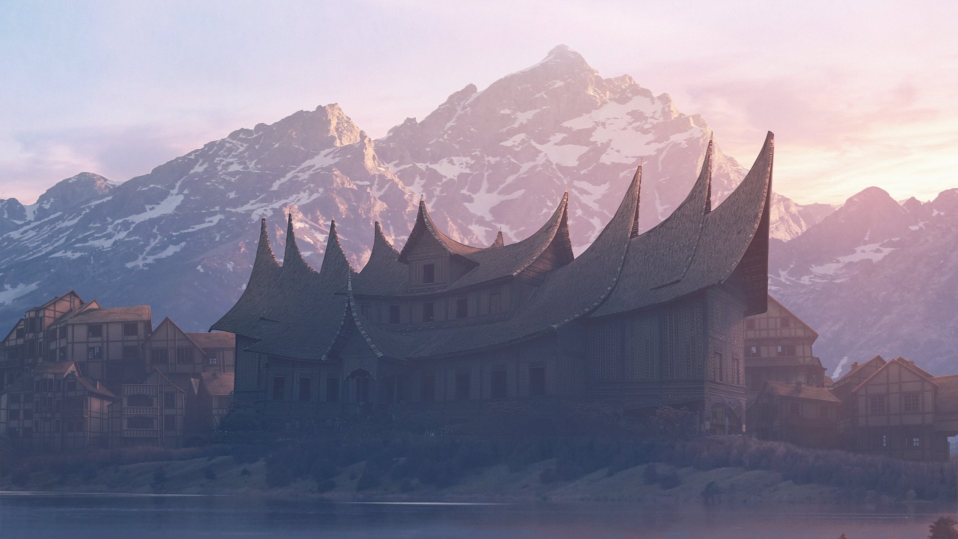 A medieval fantasy building with curved rooftops set against towering mountains, rendered in stunning 4K Ultra HD for PC desktop background.