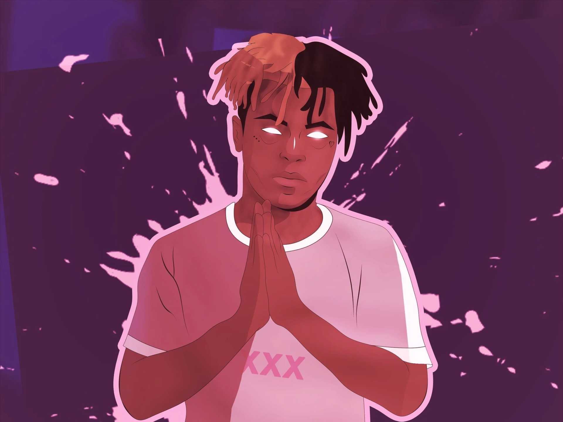 HD PC desktop wallpaper featuring a stylized illustration of rapper XXXTentacion with glowing eyes, hands in prayer, set against a purple abstract background.