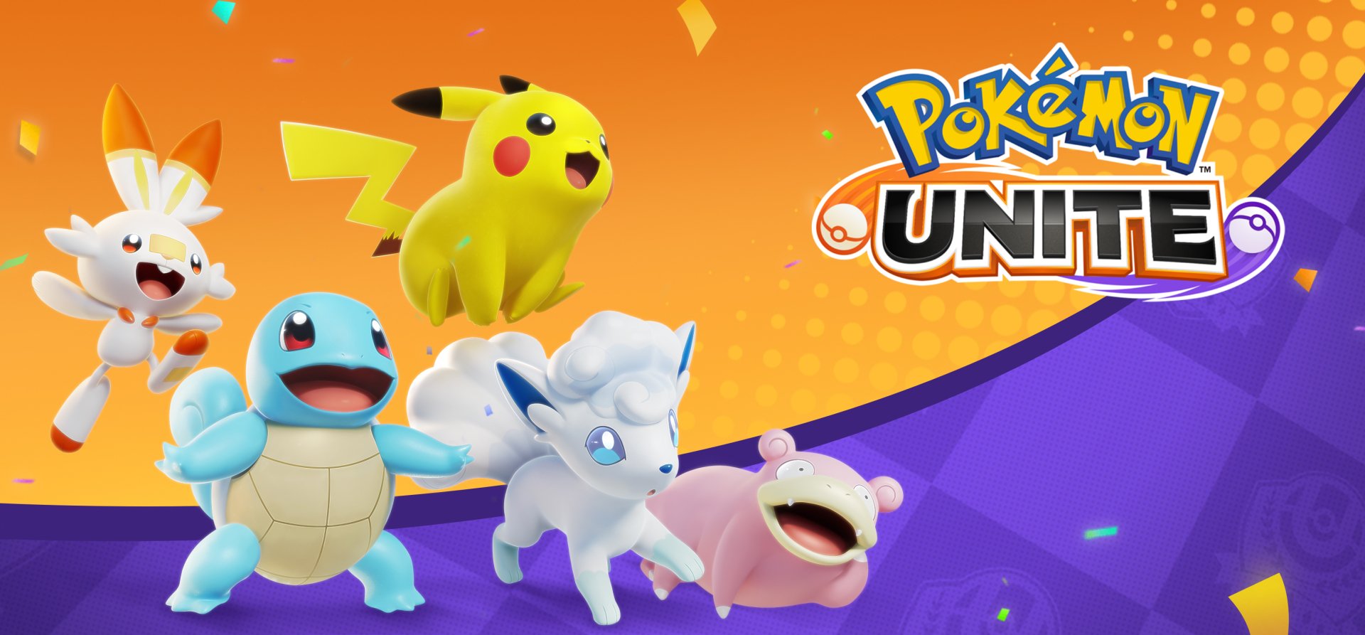 2K Quad HD PC desktop background for the video game Pokémon UNITE: Pikachu with Squirtle, Alolan Ninetales and Slowbro on a vibrant orange and purple backdrop.
