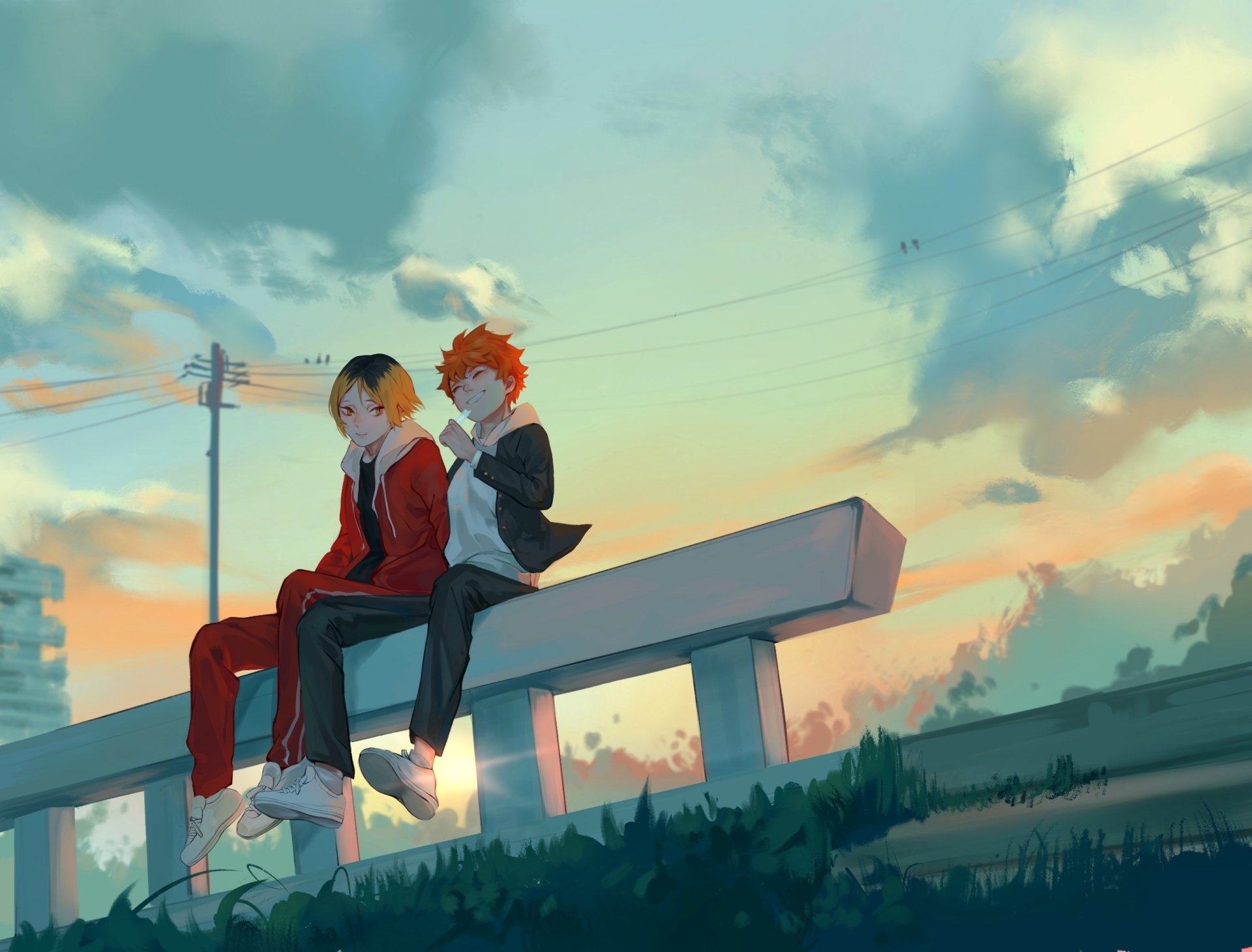 Shōyō Hinata and Kenma Kozume from Haikyū!! sit on a rooftop beam at sunset, anime scene rendered as a 2K Quad HD PC desktop wallpaper background.