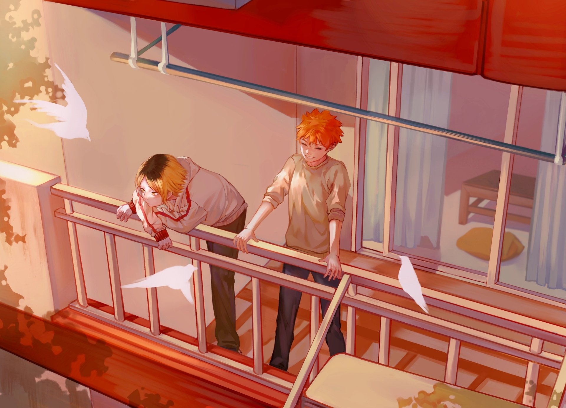HD anime-style wallpaper featuring Kenma Kozume and Shōyō Hinata from Haikyū!! standing on a balcony with white birds flying around in warm, soft lighting.