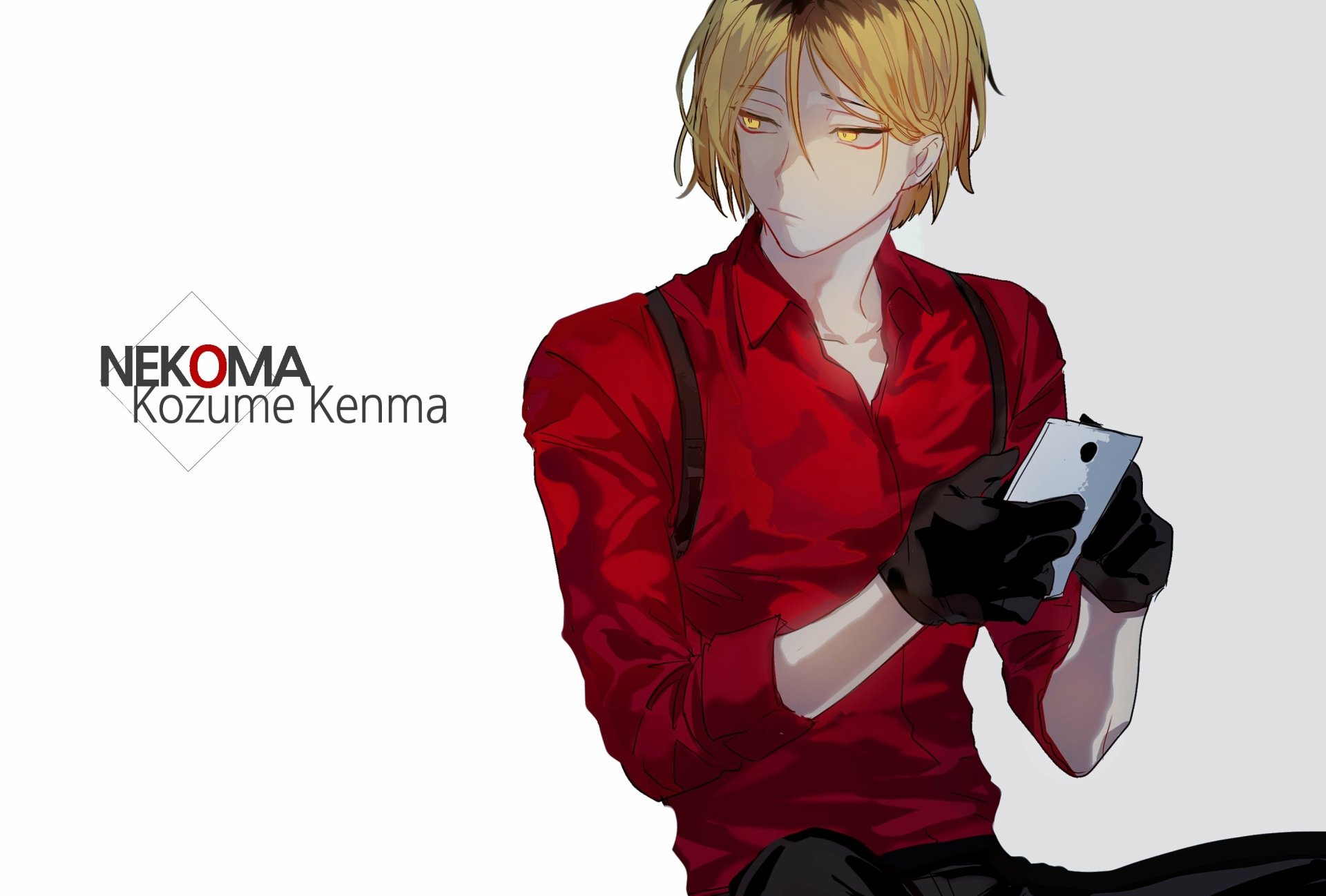 Kenma Kozume (Haikyū!! anime) in a red shirt and gloves, checking his phone — 2K Quad HD PC desktop wallpaper/background illustration.