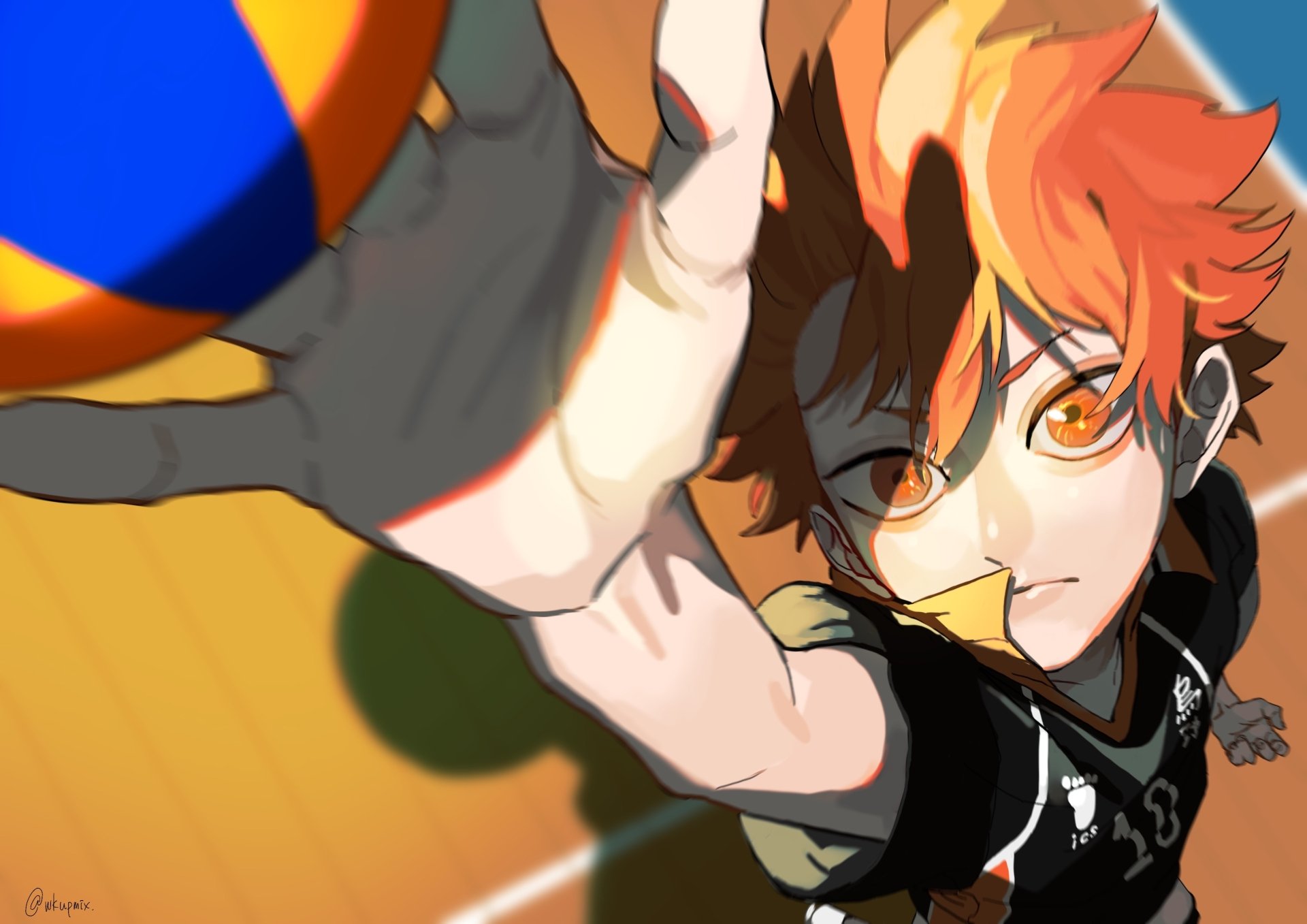 Shōyō Hinata (Haikyū!!) lunging to spike a volleyball in a dynamic low-angle view, bright orange hair and Karasuno jersey — 2K Quad HD PC desktop wallpaper.