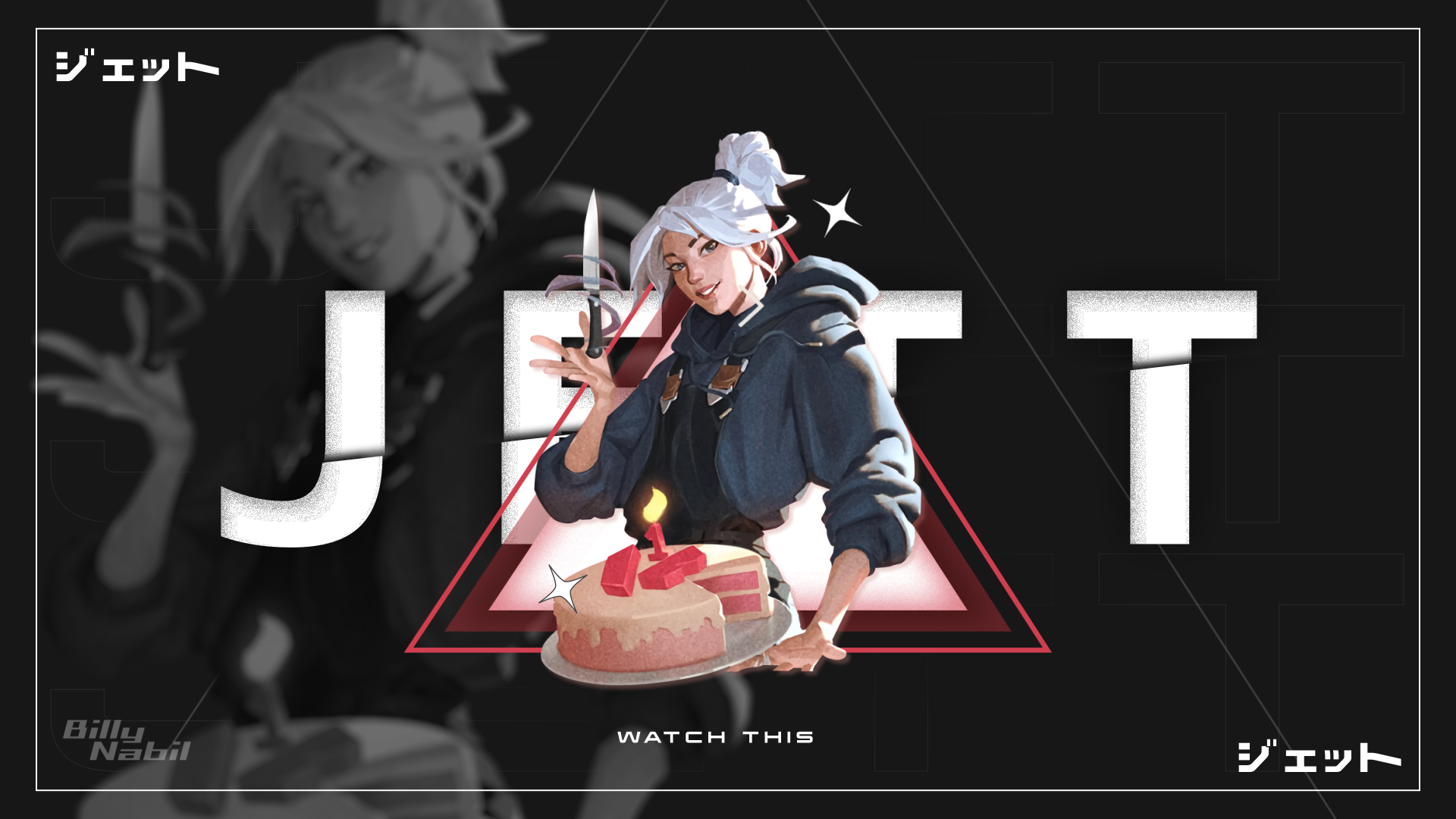 HD PC desktop wallpaper featuring Jett from the video game Valorant, with bold text and dynamic design elements highlighting the character.