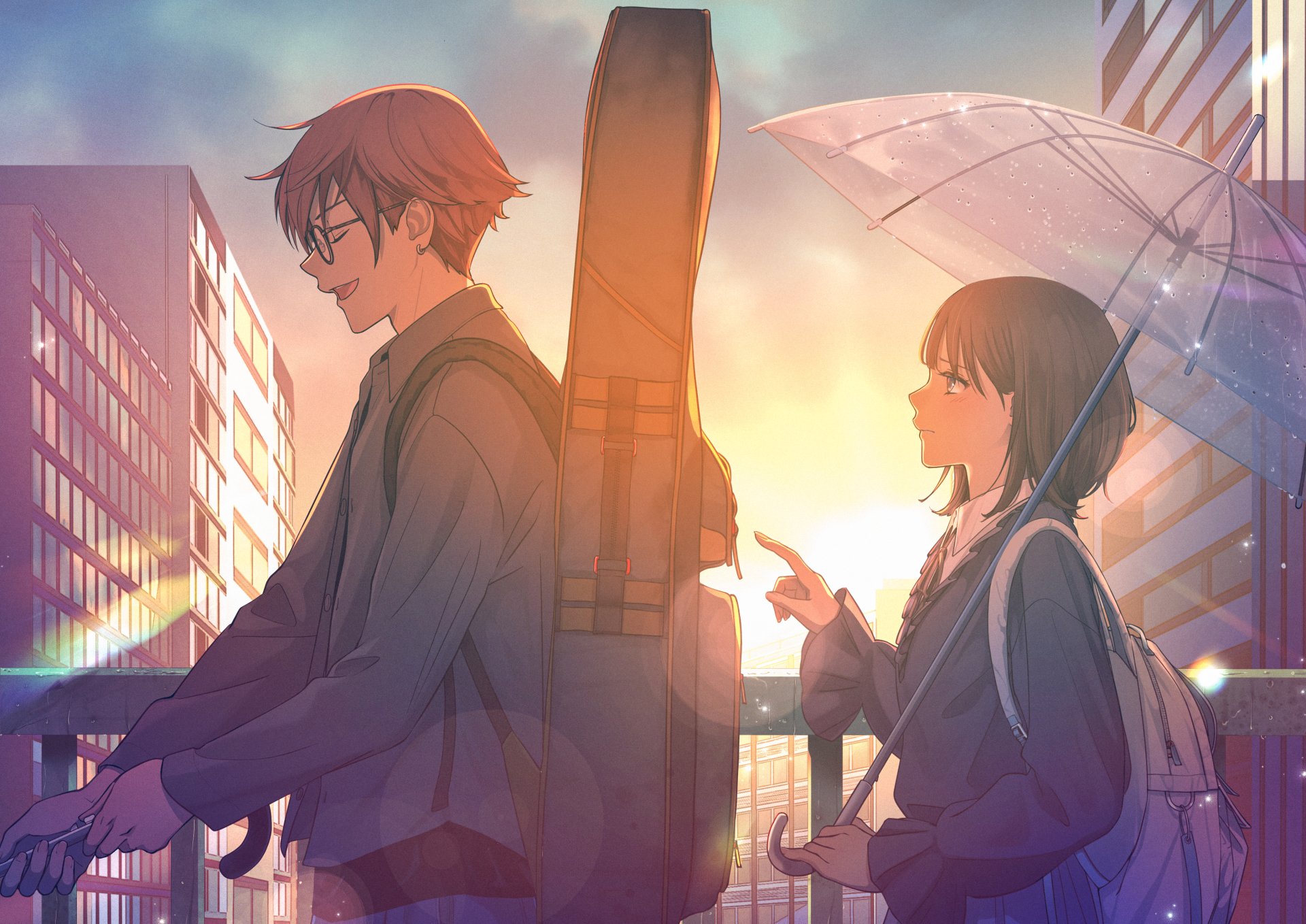 Anime 4K Ultra HD PC desktop wallpaper and background of two friends on a city bridge at sunset — one with a guitar case, the other holding a transparent umbrella, bathed in warm golden light.