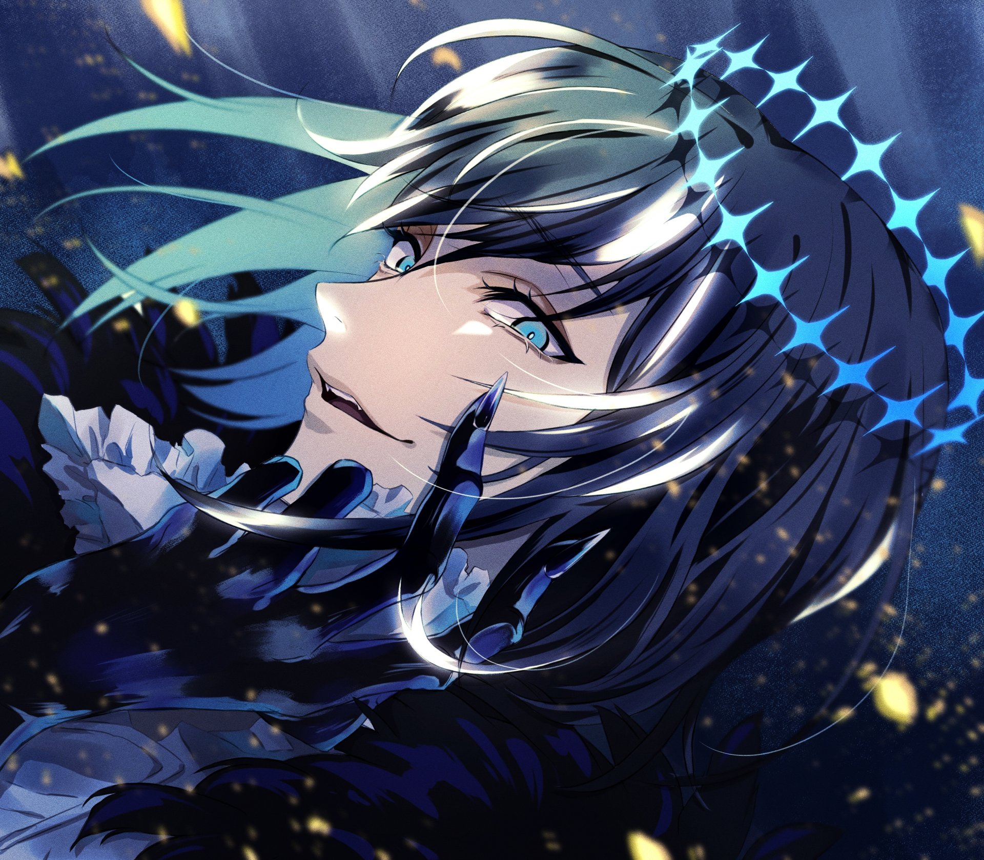 Close-up of Pretender (Fate/Grand Order) anime character, dark hair and glowing blue eyes amid starry, luminous effects — 2K Quad HD PC desktop wallpaper/background.