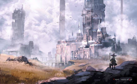HD desktop wallpaper featuring an anime scene from The Journey of Elaina, showcasing a witch standing before an intricate, misty cityscape. Tags include city, witch, anime, The Journey of Elaina.