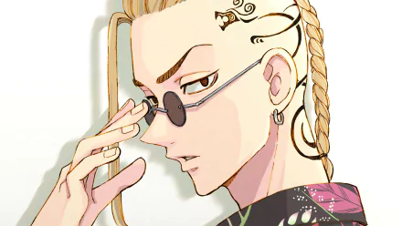 HD anime desktop wallpaper featuring Ken Ryuguji from Tokyo Revengers, showcasing his distinctive braided hair, sunglasses, and tattooed side profile.