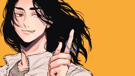 HD anime wallpaper of Keisuke Baji from Tokyo Revengers, featuring him with flowing black hair and a confident smile against a vibrant orange background.