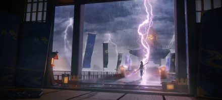 HD desktop wallpaper featuring Baal, the Raiden Shogun from Genshin Impact, standing in a temple as lightning strikes dramatically in the background.
