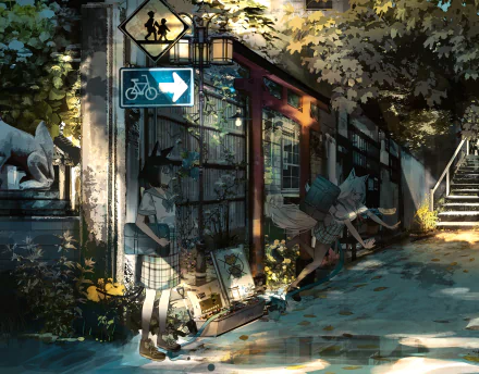 Anime girl with animal ears in uniform stands near a leafy street corner, captured in detailed 4K Ultra HD as soft sunlight filters through the trees.