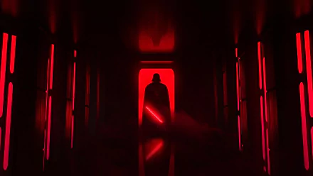 HD PC desktop wallpaper featuring Darth Vader from Star Wars, standing in a dark corridor illuminated by red light with his glowing red lightsaber.
