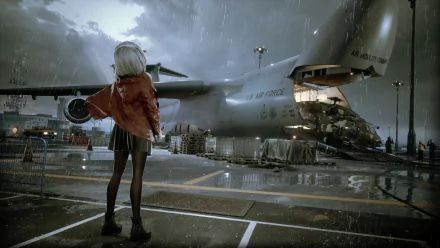 Anime girl stands in the rain at an airport tarmac with a large cargo plane in the background, rendered in stunning 8K Ultra HD for a PC desktop wallpaper.