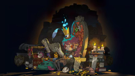 HD desktop wallpaper of Crown Trick game featuring character in a treasure-filled room with a magical crown and mystical artifacts.