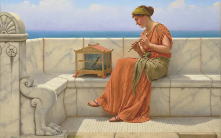 Artistic painting of a woman in classical attire sitting on marble steps, playing a flute beside a birdcage, presented as a HD PC desktop wallpaper and background.