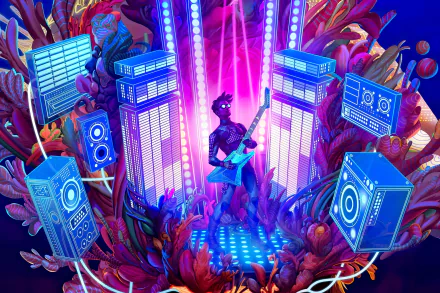 HD wallpaper of The Artful Escape featuring a character with a guitar surrounded by vibrant, neon-lit flora and speaker towers.