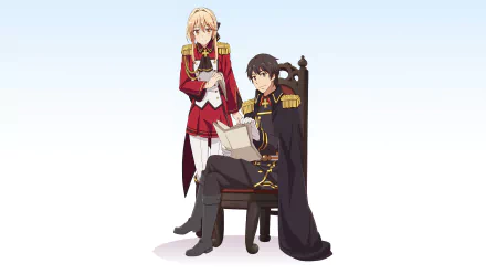 Souma Kazuya seated on a chair holding papers, with Liscia Elfrieden standing beside him, from the anime How a Realist Hero Rebuilt the Kingdom in 4K Ultra HD.