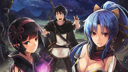 4K Ultra HD anime wallpaper featuring Tomoe, Makoto Misumi, and Mio from Tsukimichi: Moonlit Fantasy with a nighttime fantasy backdrop.