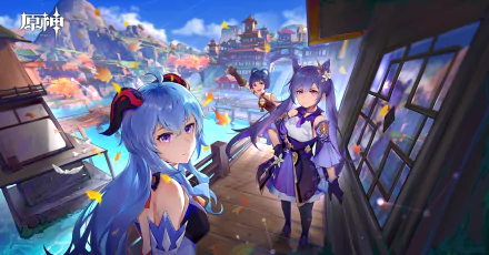 HD PC desktop wallpaper featuring Genshin Impact characters Xiangling, Keqing, and Ganyu with a vibrant, detailed background from the game.