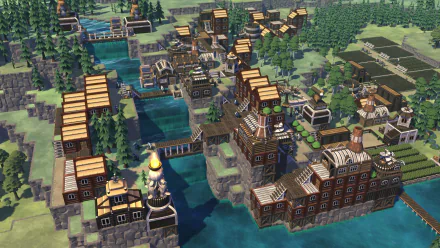 HD Timberborn game wallpaper featuring a vibrant beaver society with intricate wooden structures and waterways.