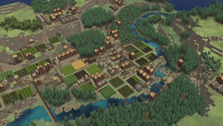 A vibrant HD wallpaper from the video game Timberborn, showcasing a detailed beaver settlement surrounded by lush forests and winding rivers.