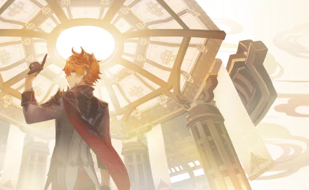 HD PC desktop wallpaper featuring Tartaglia Childe from the video game Genshin Impact, set against a bright, intricate architectural background.