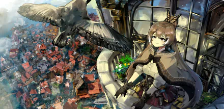 4K Ultra HD anime-style wallpaper featuring Virtual YouTuber Nanashi Mumei sitting on a ledge overlooking a detailed cityscape with a bird in flight nearby.