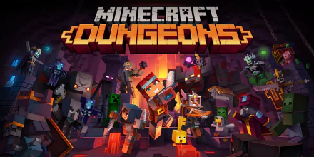 HD PC desktop wallpaper/background for the video game Minecraft: Dungeons featuring blocky heroes, mobs, and glowing treasure-filled dungeon corridors.