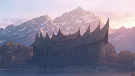 A medieval fantasy building with curved rooftops set against towering mountains, rendered in stunning 4K Ultra HD for PC desktop background.