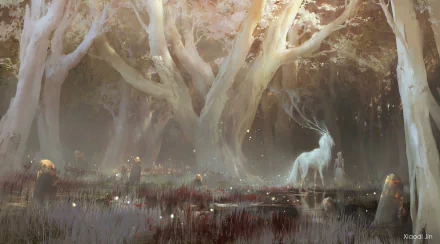 A mystical white unicorn stands in an enchanted forest bathed in soft light, blending fantasy and creature themes in this HD PC desktop wallpaper and background.