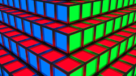 HD wallpaper featuring a pattern of red, green, and blue 3D cubes for desktop background.