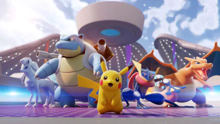 HD PC desktop wallpaper featuring Pikachu and other Pokémon from the video game Pokémon UNITE in a vibrant, dynamic arena setting.