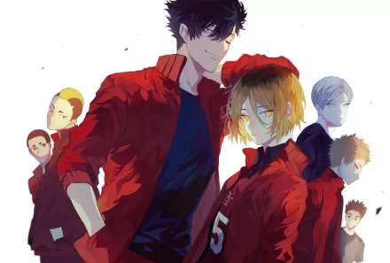 Haikyū!! Nekoma High volleyball team — Taketora Yamamoto, Morisuke Yaku, Tetsurō Kuroo, Kenma Kozume, Nobuyuki Kai, Sō Inuoka, Lev Haiba — in red jackets; 2K Quad HD desktop wallpaper