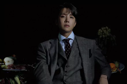HD PC desktop wallpaper featuring J-Hope (Jung Hoseok) from BTS, the K-pop singer, dressed in a stylish gray suit against a dark background.