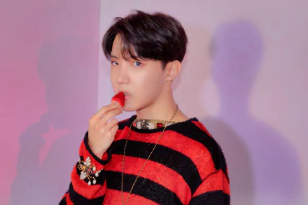 J-Hope of BTS, a K-pop singer, is captured in this vibrant 4K Ultra HD wallpaper, wearing a red and black striped sweater while holding a red object near his lips.