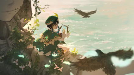 Venti from Genshin Impact sits on a cliff playing his lyre as birds fly nearby, captured in an 8K Ultra HD video game wallpaper.